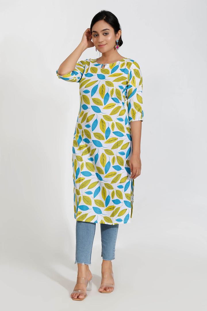 Green Floral Print Cotton Kurta