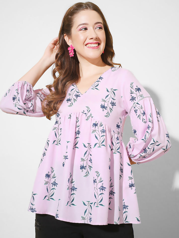 Lavender Floral Print Flared Top