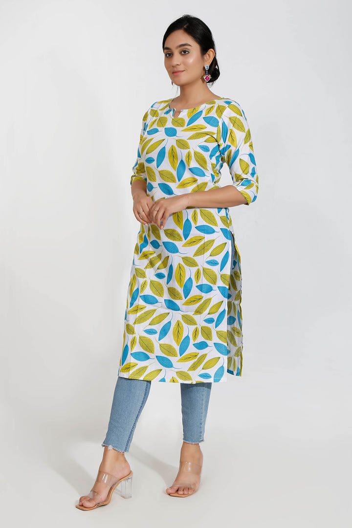 Green Floral Print Cotton Kurta