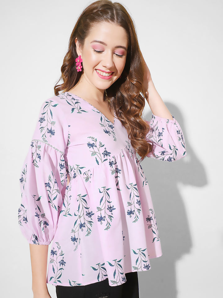Lavender Floral Print Flared Top