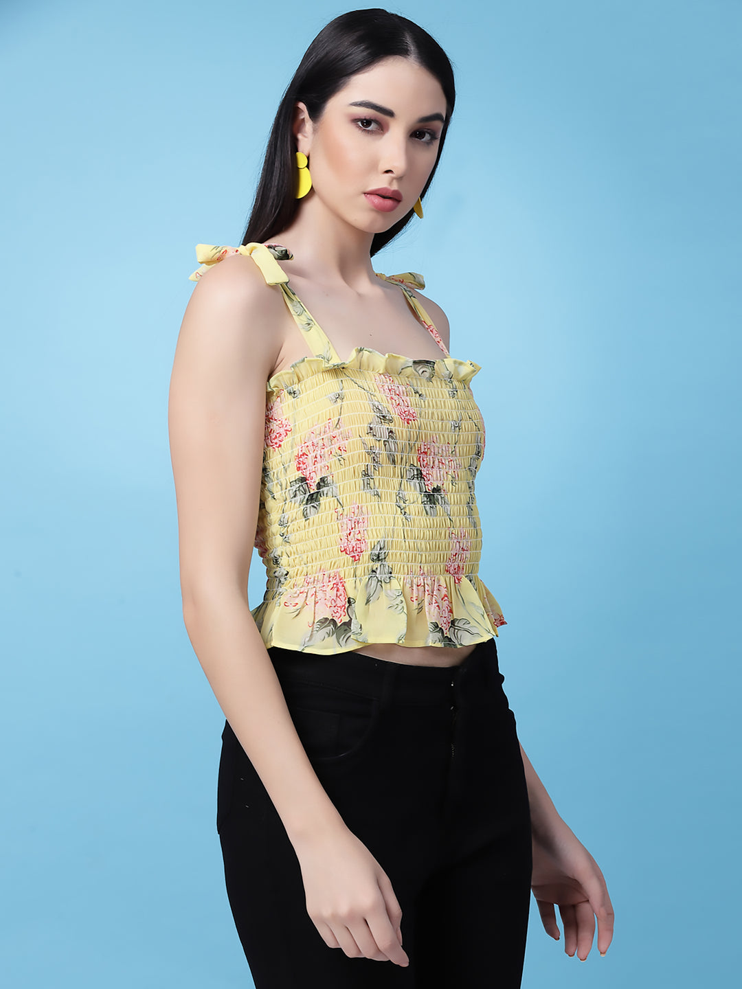 Yellow Floral Tie Up Sleeves top