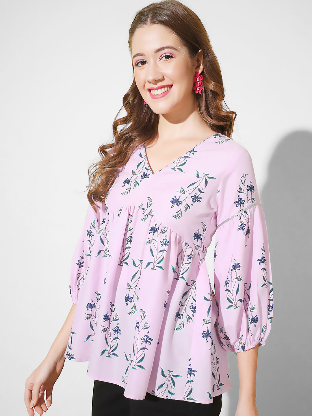 Lavender Floral Print Flared Top