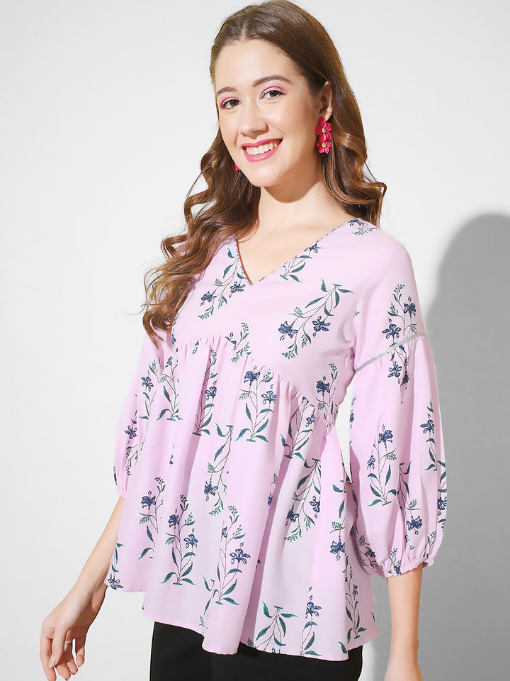 Lavender Floral Print Flared Top