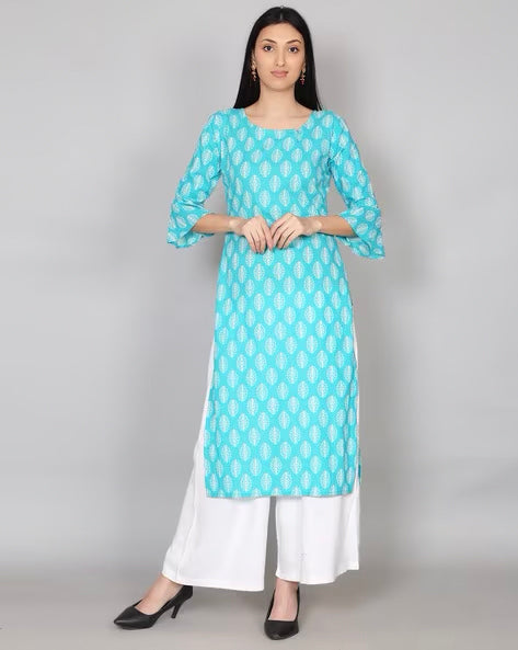 Light Blue Printed Cotton Kurta