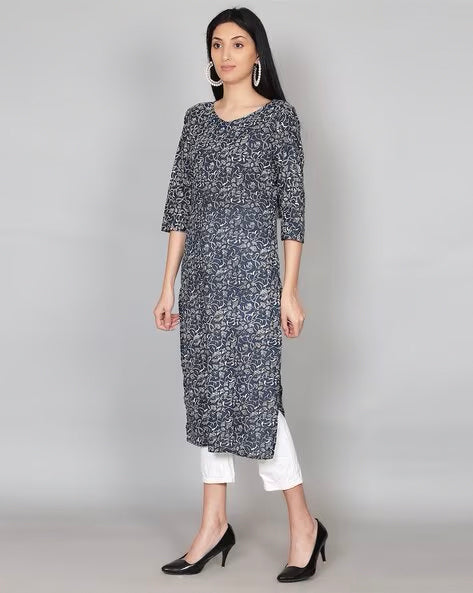 Deep Blue Cotton Printed kurta