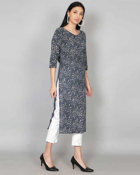 Deep Blue Cotton Printed kurta