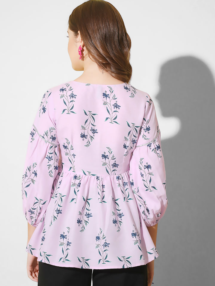 Lavender Floral Print Flared Top