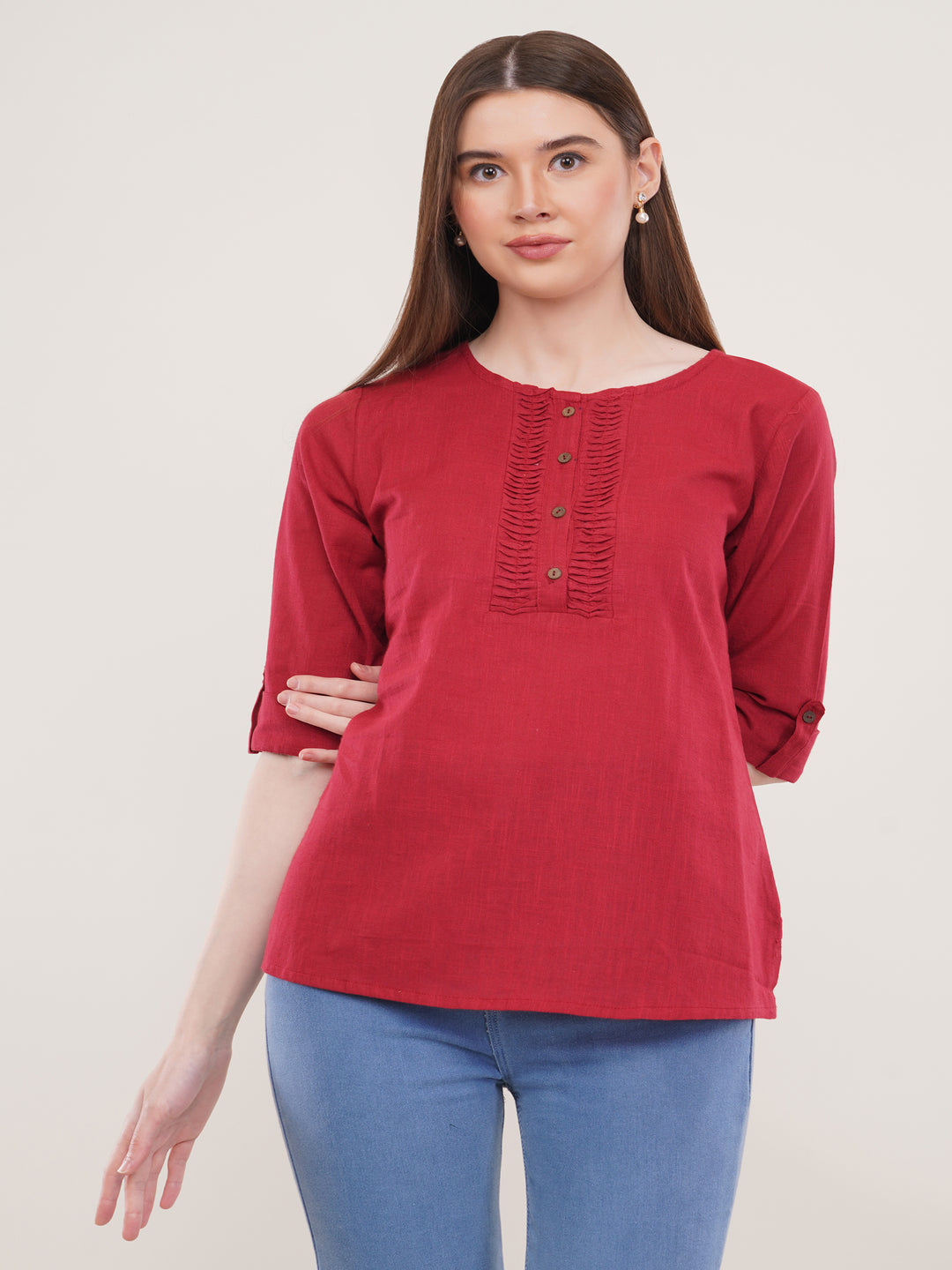 Maroon Solid Roll Up Sleeves top