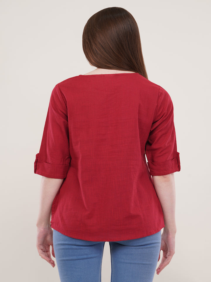 Maroon Solid Roll Up Sleeves top