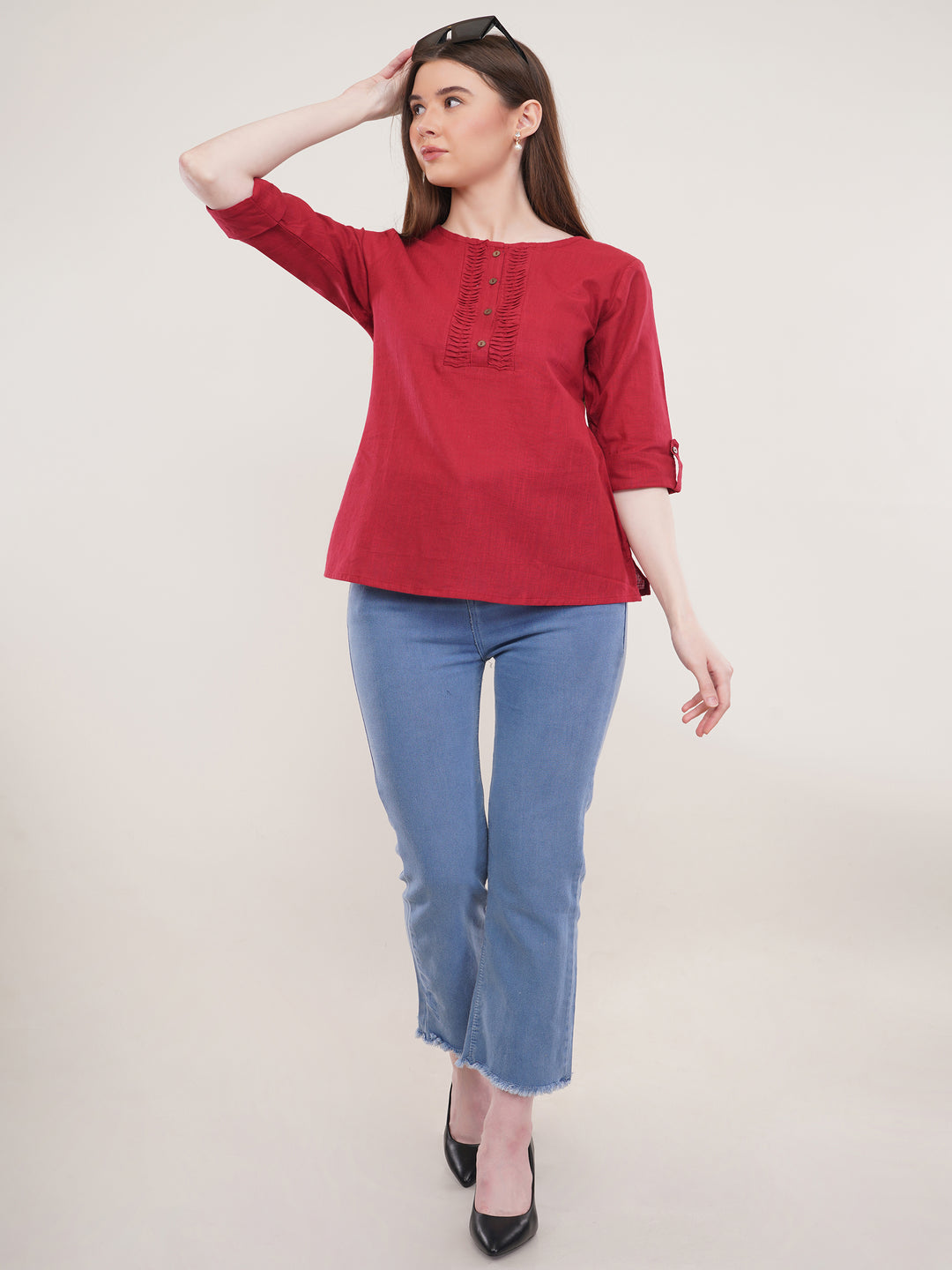 Maroon Solid Roll Up Sleeves top