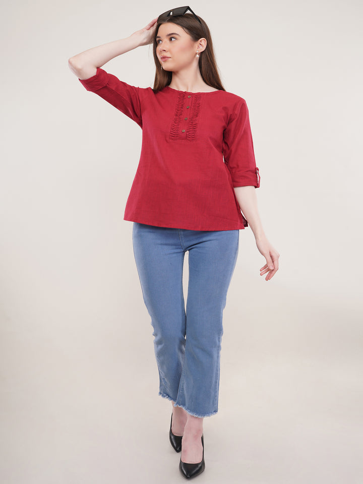 Maroon Solid Roll Up Sleeves top