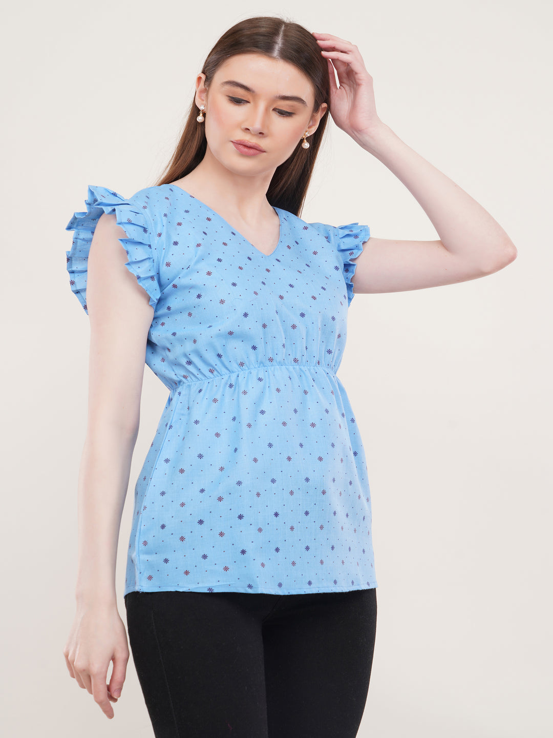 Blue Cotton printed Flared Top