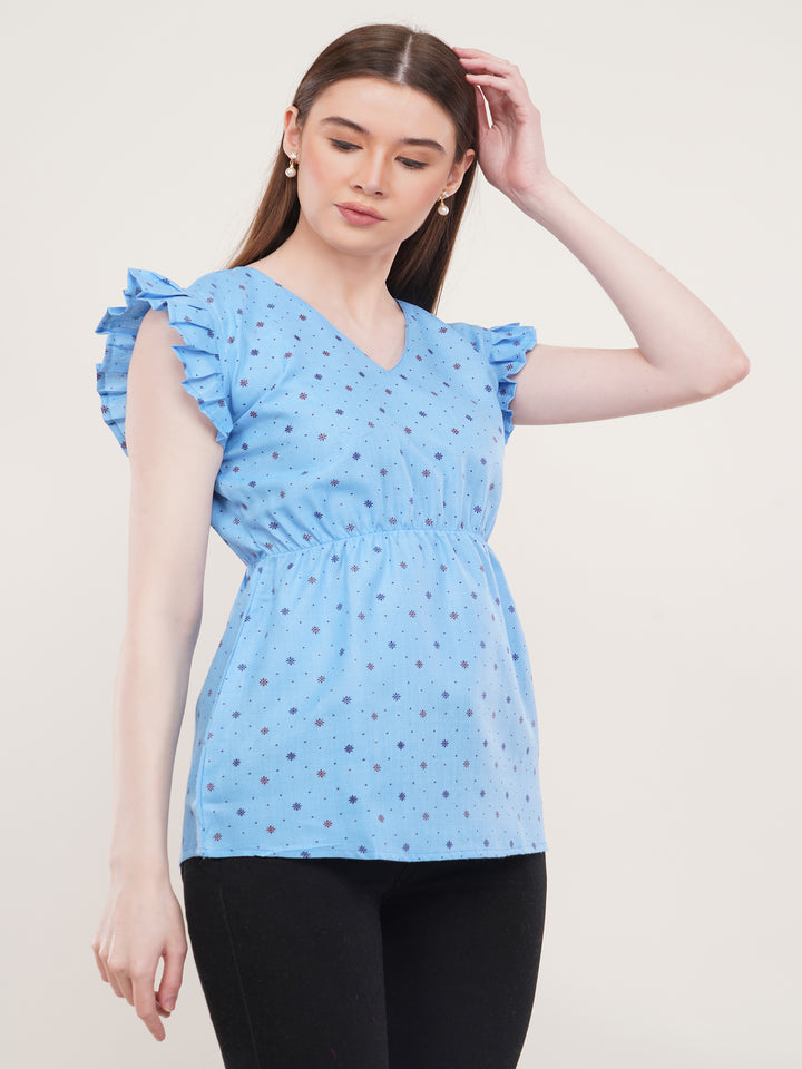 Blue Cotton printed Flared Top