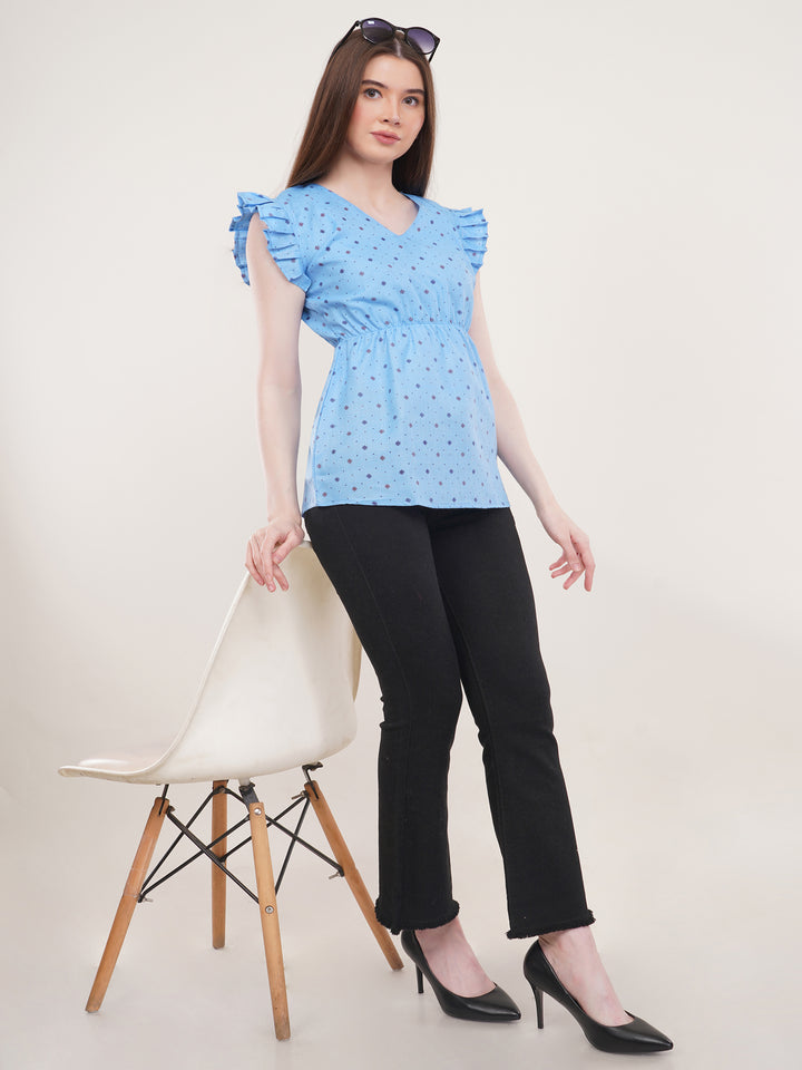 Blue Cotton printed Flared Top