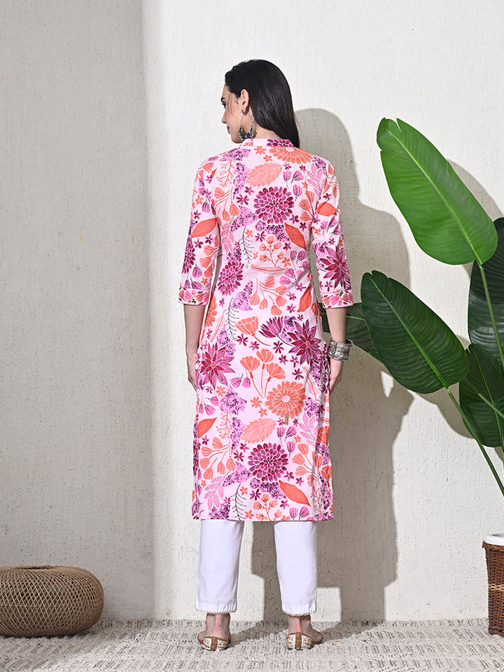 Pink Printed Mandarin Collar Kurta
