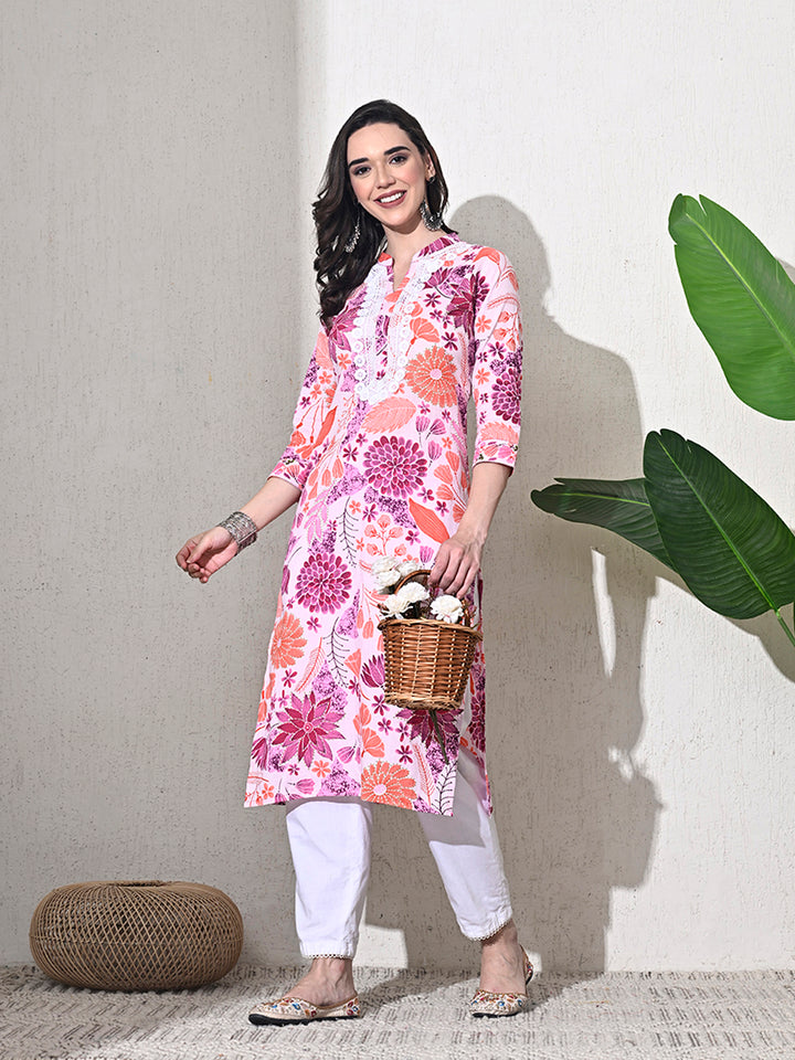 Pink Printed Mandarin Collar Kurta