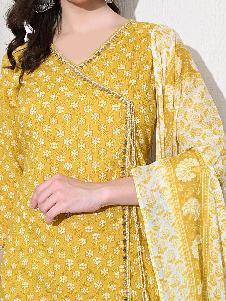 Yellow Mirror  Work Jaipuri Kurta Set