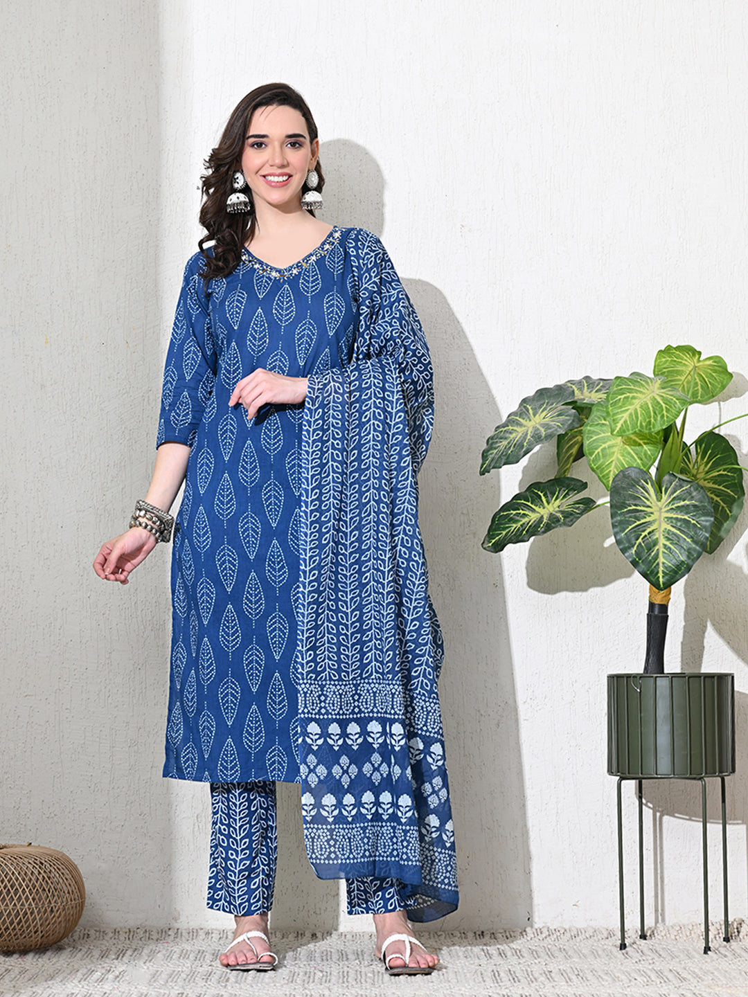 Blue Jaipuri Print Sequins Work Kurta set