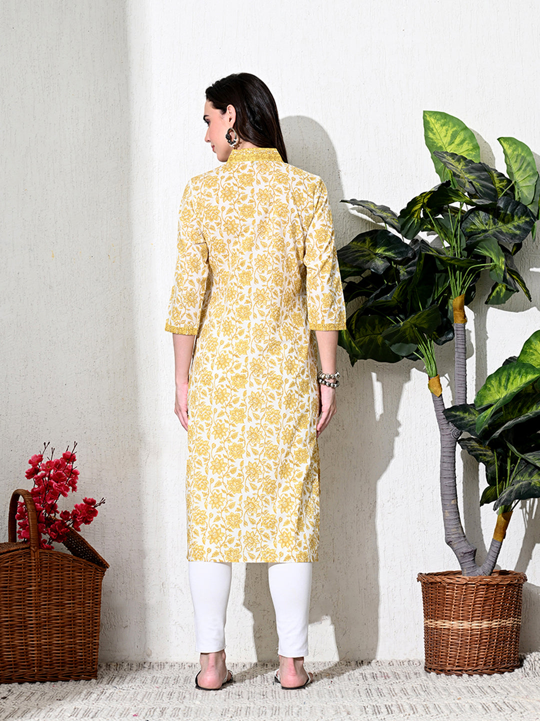 Yellow Floral Print Cotton Kurta
