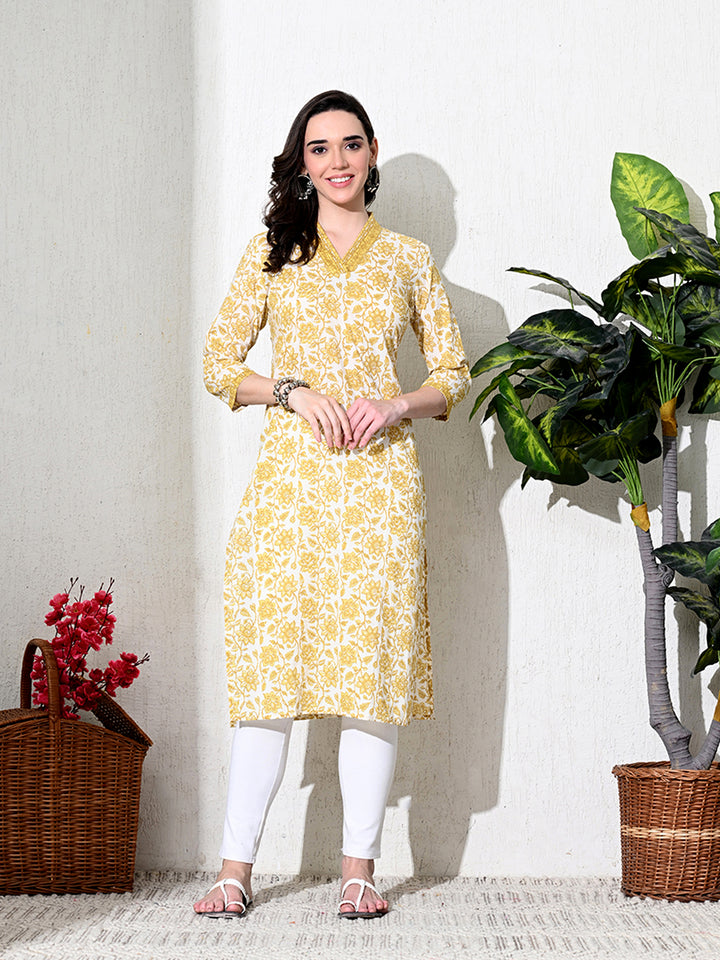 Yellow Floral Print Cotton Kurta