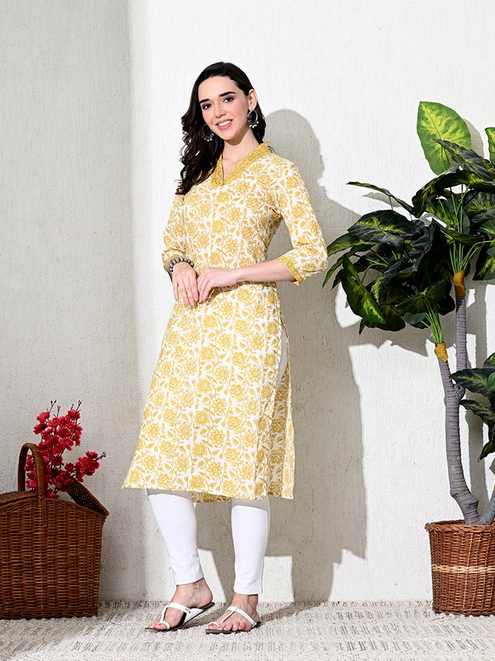 Yellow Floral Print Cotton Kurta