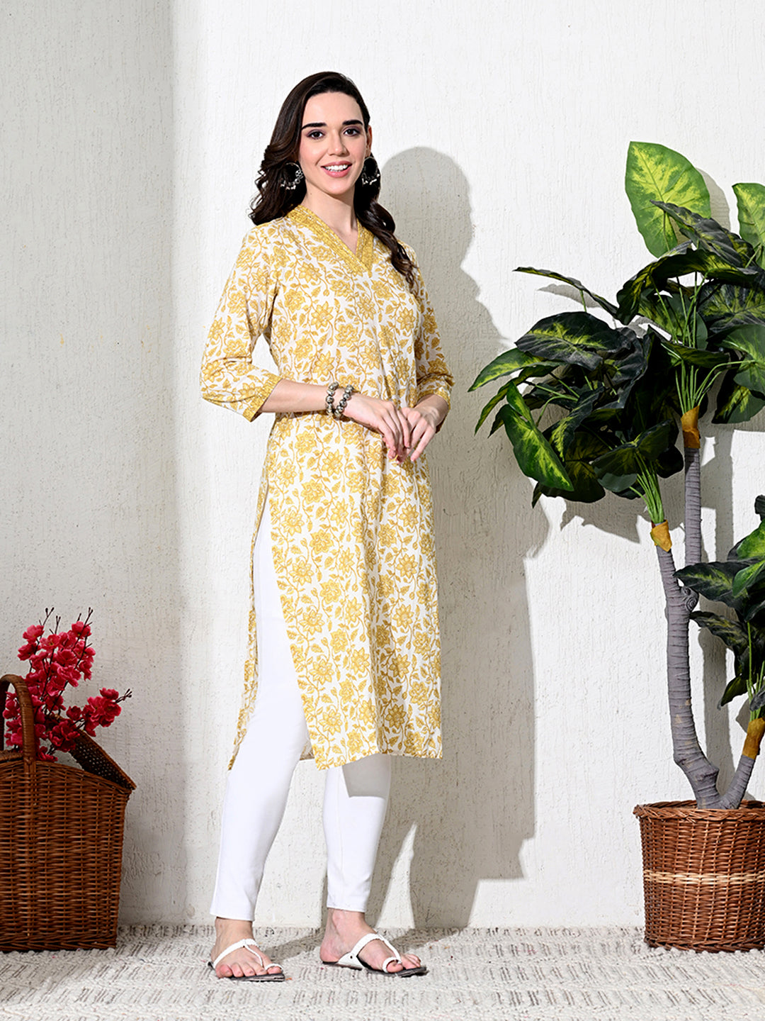 Yellow Floral Print Cotton Kurta