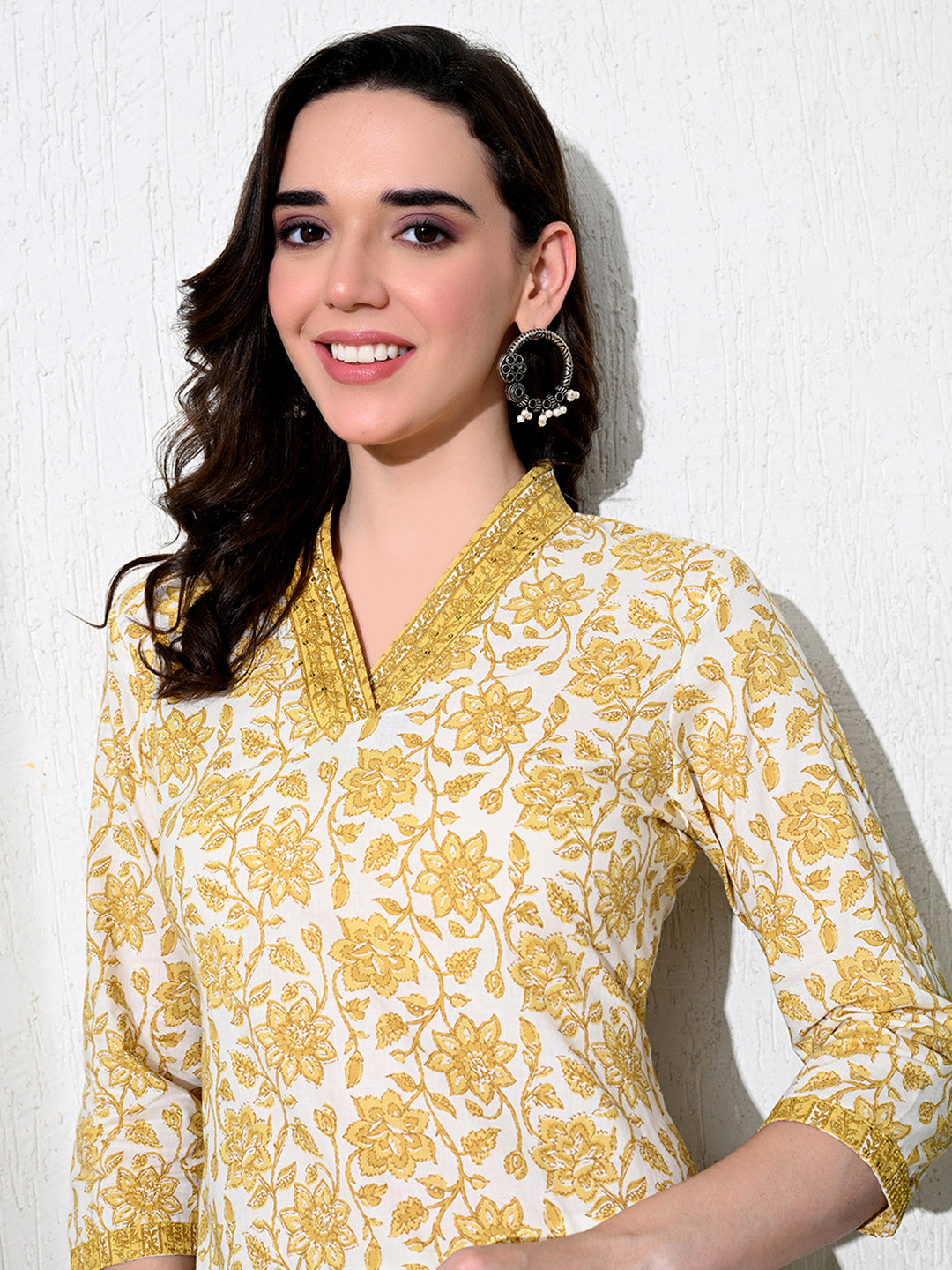 Yellow Floral Print Cotton Kurta