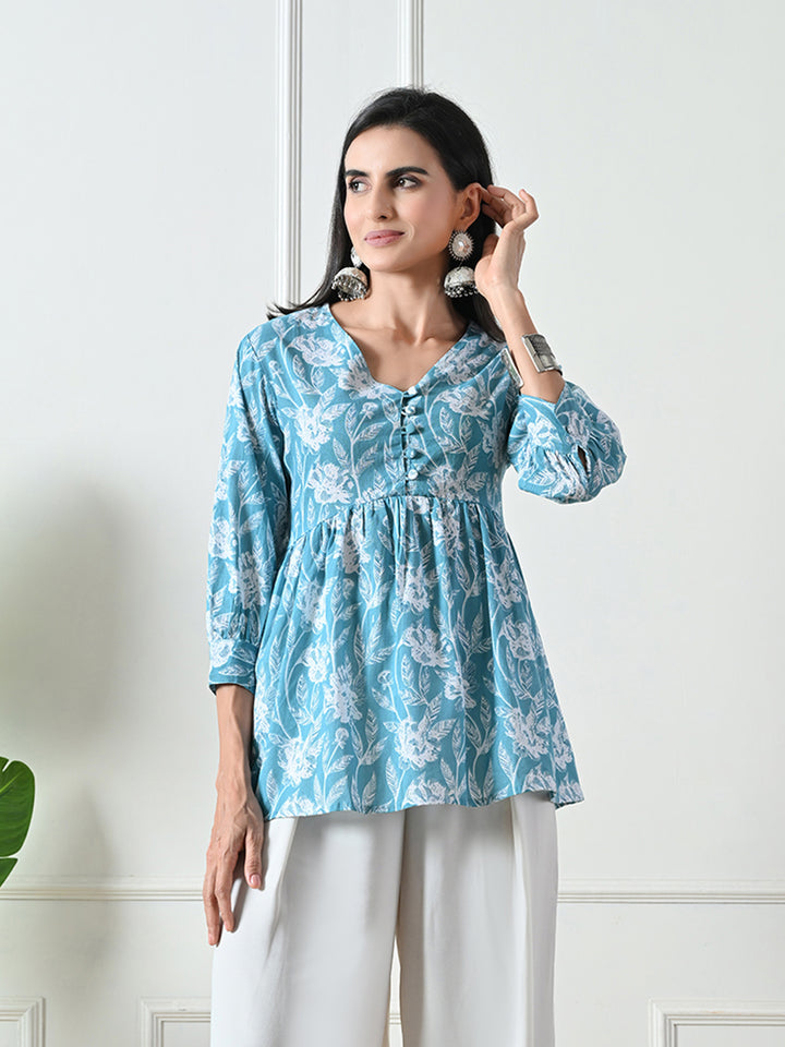 Light Blue printed Flared Top