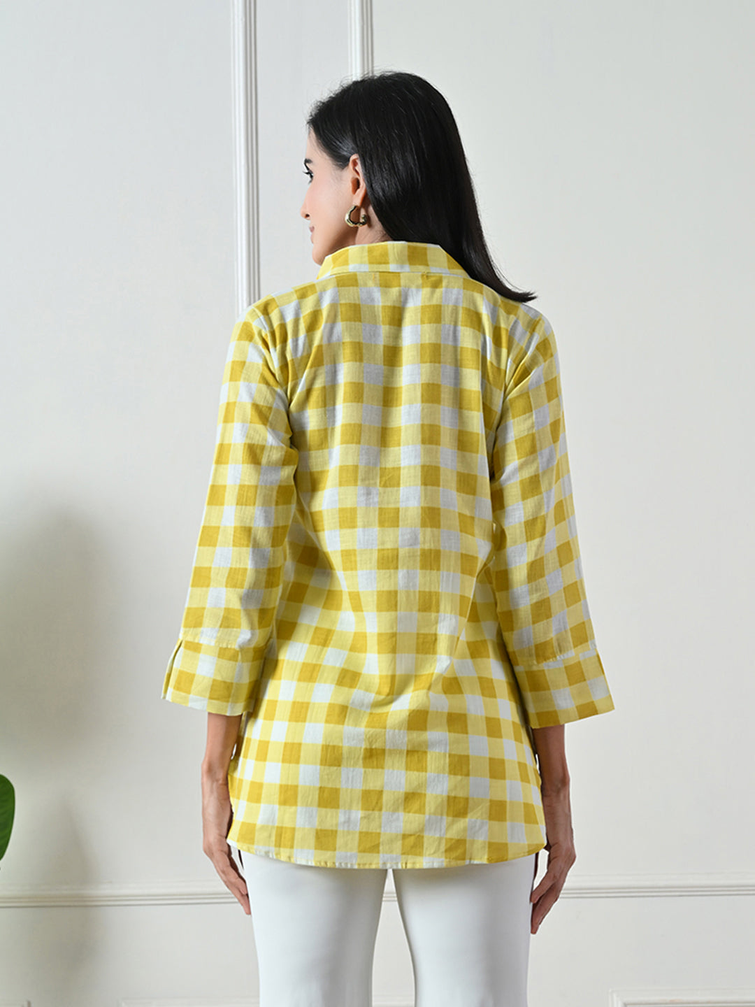 Yellow Checked Printed Cotton Kurta