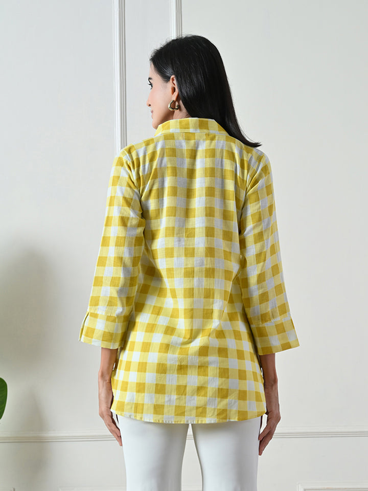 Yellow Checked Printed Cotton Kurta