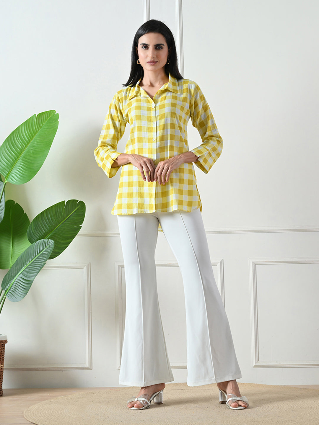 Yellow Checked Printed Cotton Kurta