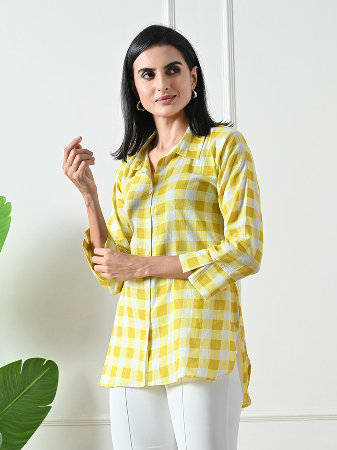 Yellow Checked Printed Cotton Kurta