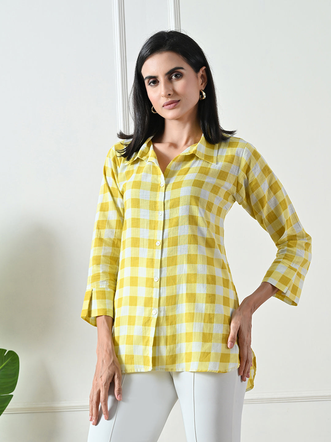 Yellow Checked Printed Cotton Kurta