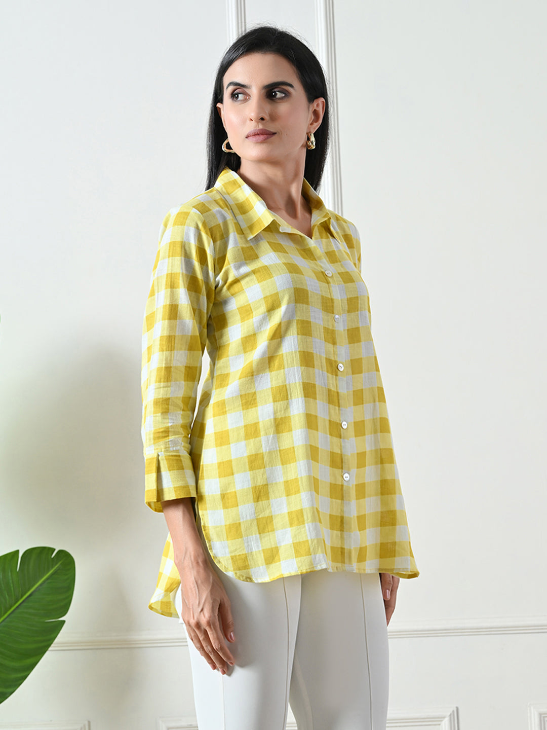 Yellow Checked Printed Cotton Kurta