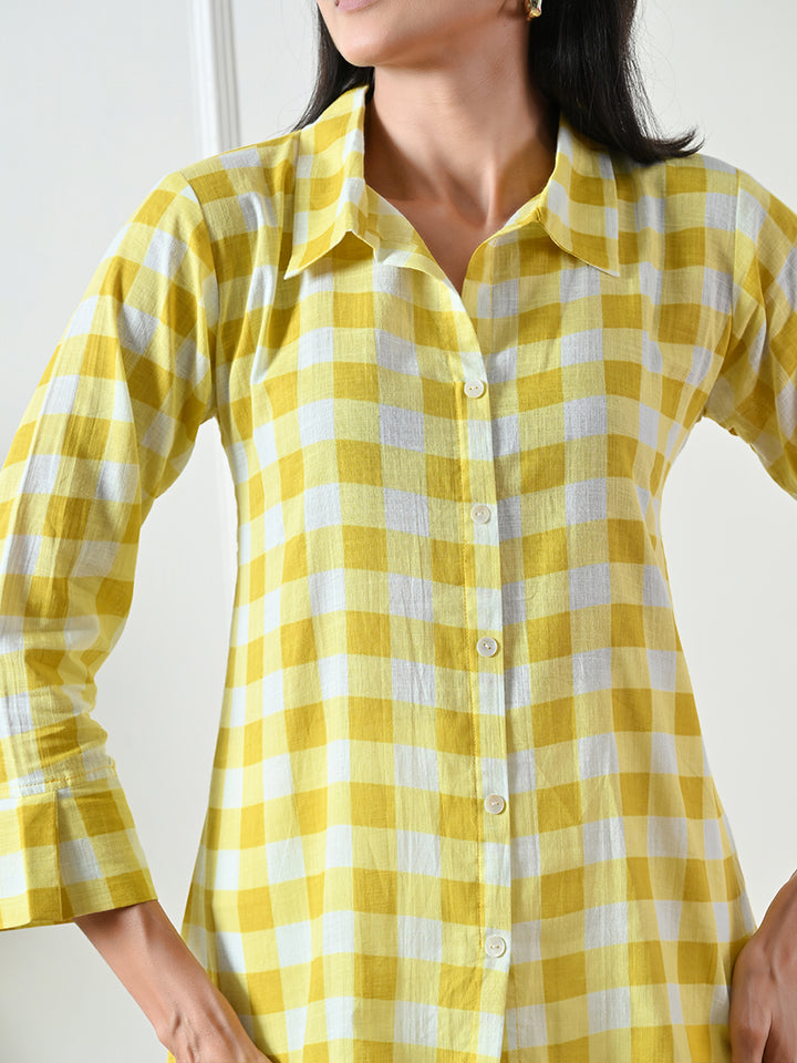 Yellow Checked Printed Cotton Kurta
