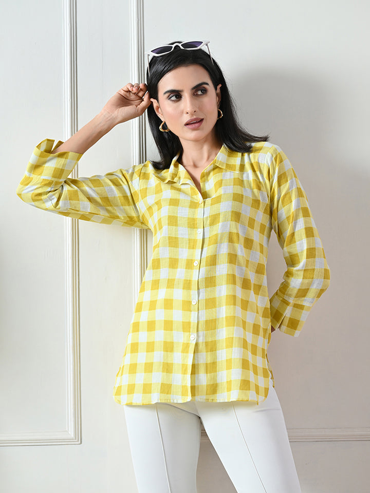 Yellow Checked Printed Cotton Kurta