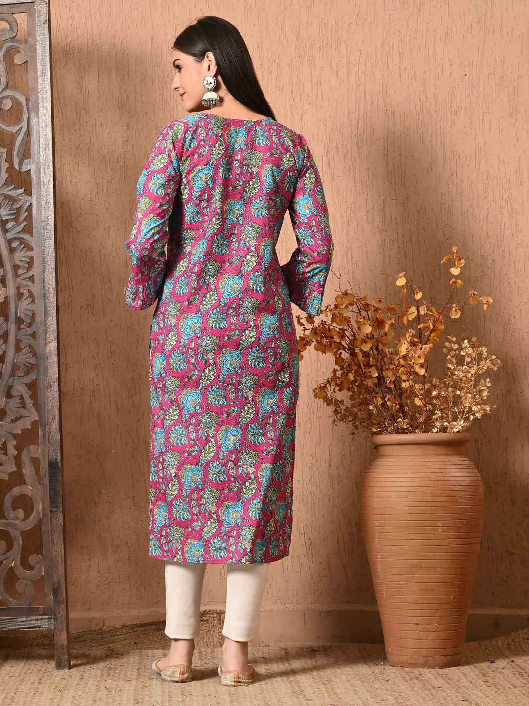 Pink Floral print Cotton Kurta