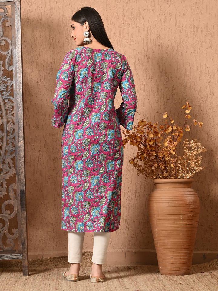 Pink Floral print Cotton Kurta
