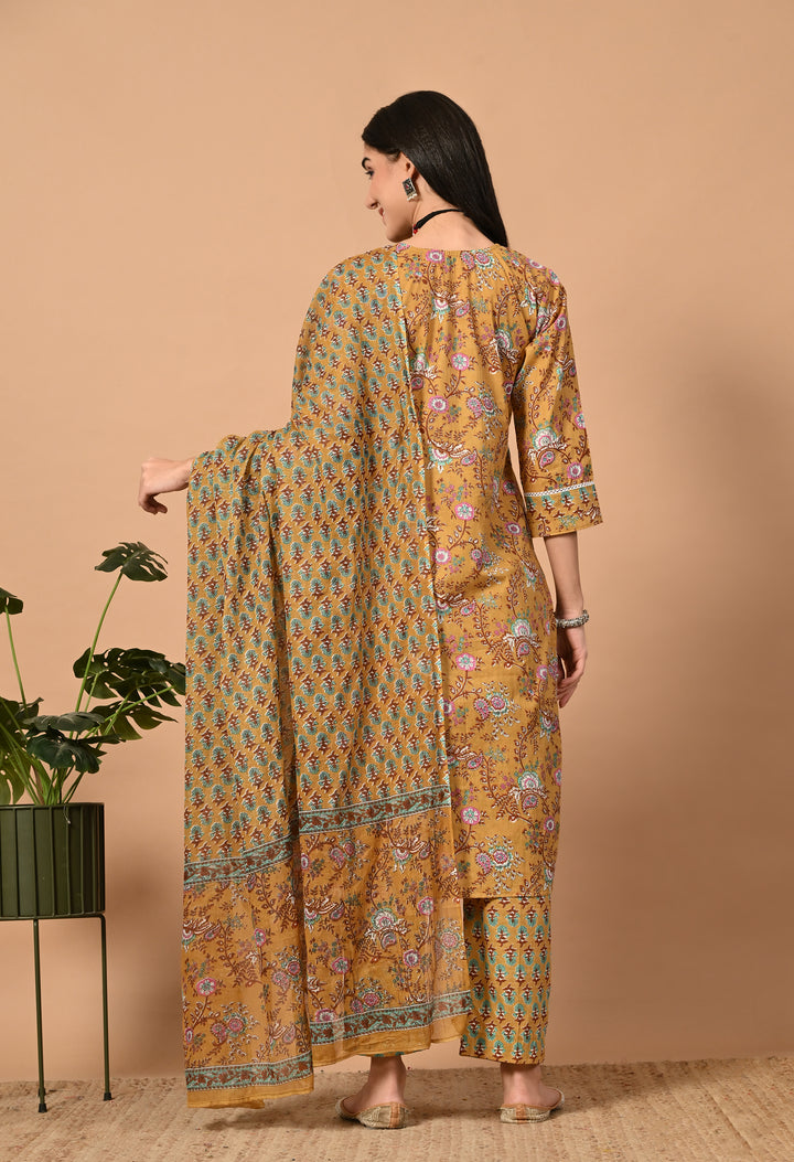 Yellow Floral V-Neck Kurta Sets