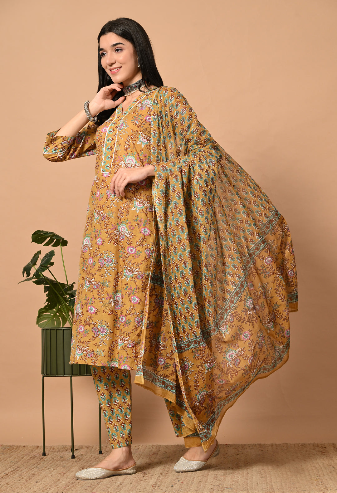 Yellow Floral V-Neck Kurta Sets