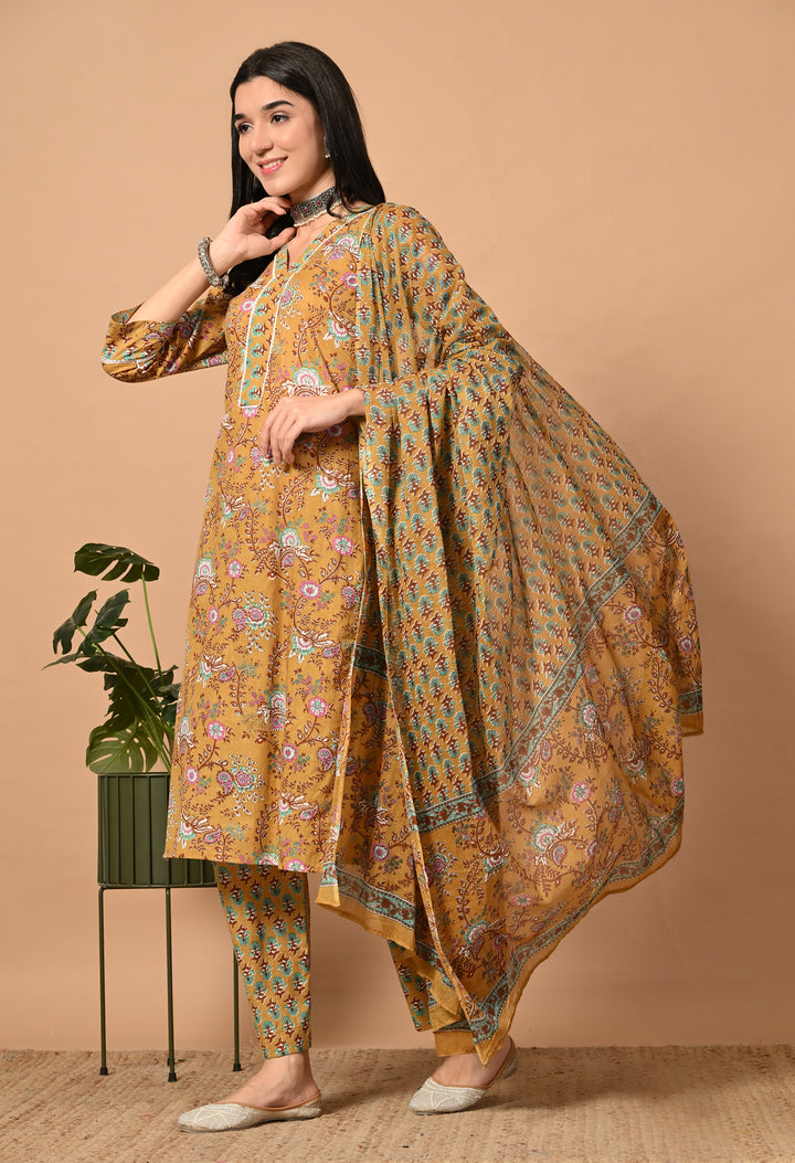 Yellow Floral V-Neck Kurta Sets