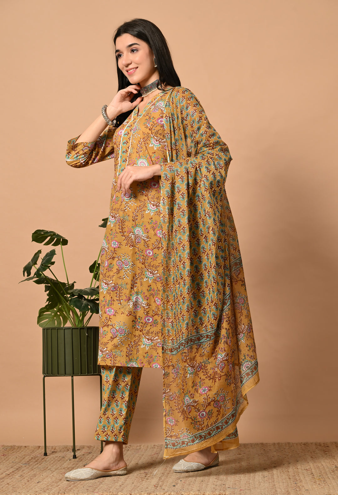 Yellow Floral V-Neck Kurta Sets
