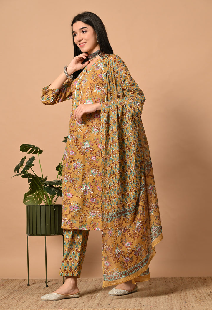 Yellow Floral V-Neck Kurta Sets