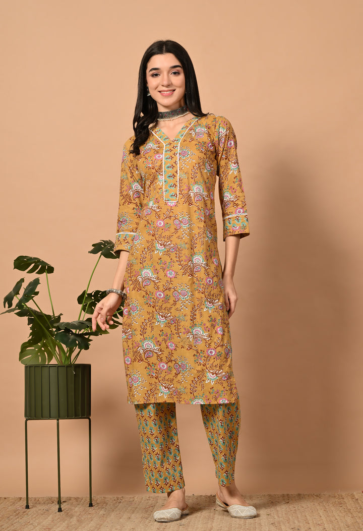 Yellow Floral V-Neck Kurta Sets