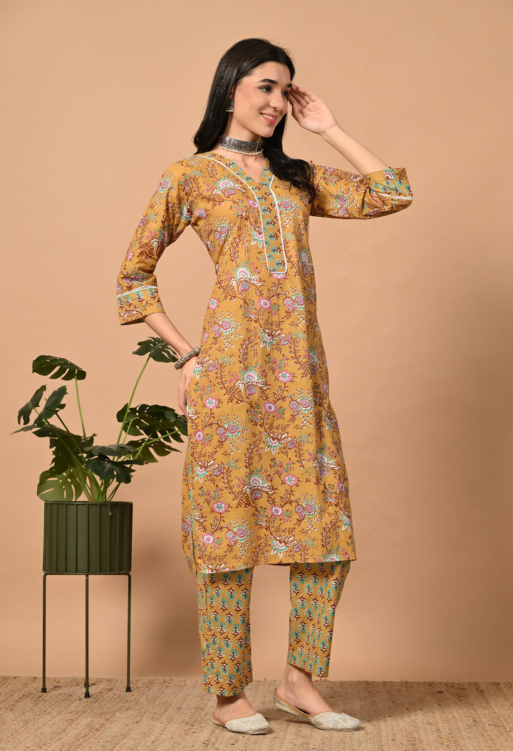 Yellow Floral V-Neck Kurta Sets