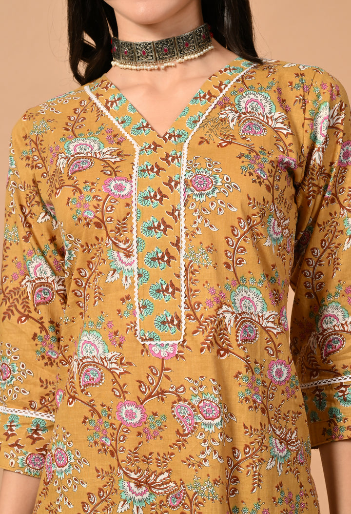 Yellow Floral V-Neck Kurta Sets