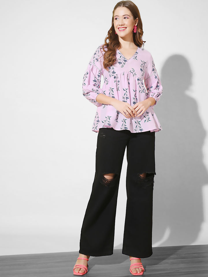 Lavender Floral Print Flared Top