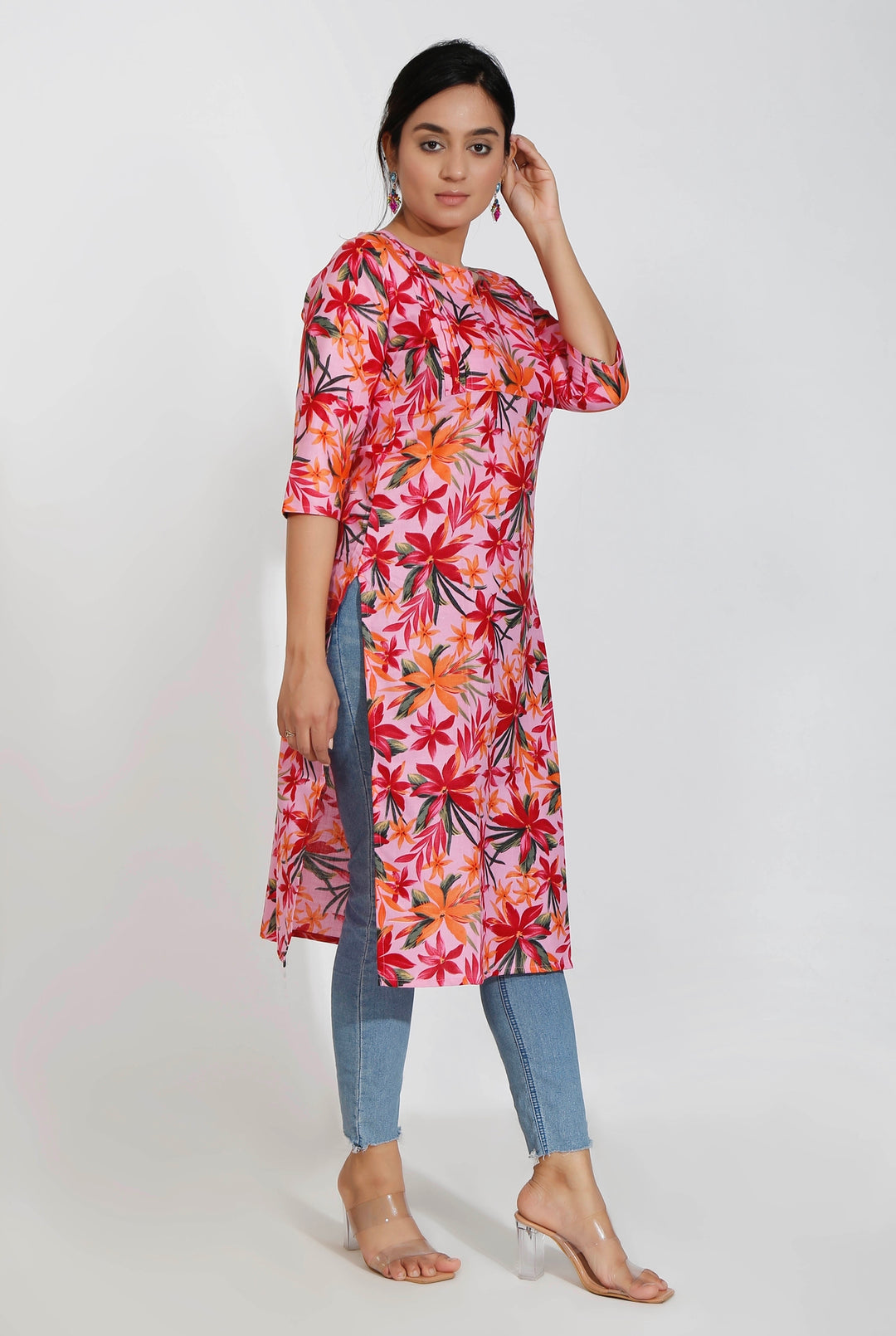 Orange Floral Print Cotton Kurta