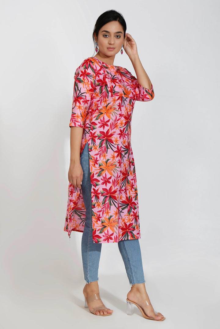 Orange Floral Print Cotton Kurta