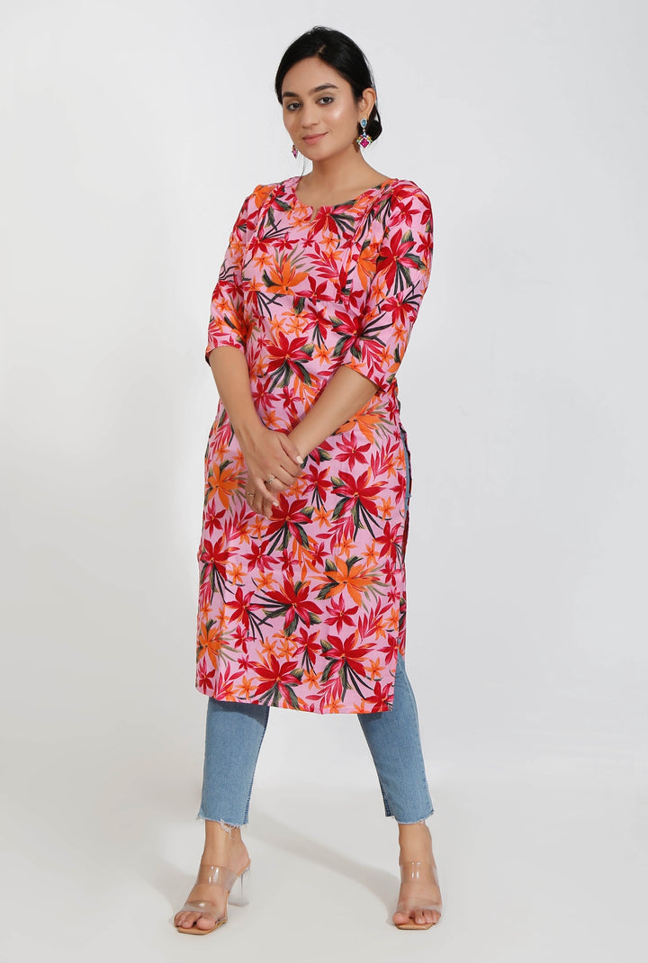 Orange Floral Print Cotton Kurta